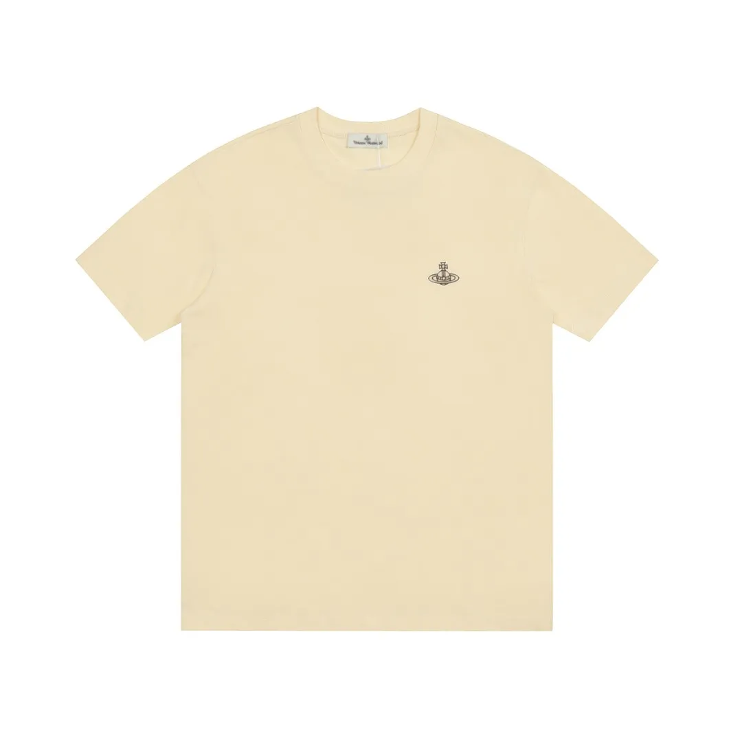vivienne west wood Queen Mother West Jingdong Maillard color matching small label embroidered short-sleeved color matching high-end niche fashionable must-have matching style 2024 top hot style No need to say more details directly open the full range of correct accessories every detail is completely restored and directly filled up Size: XS-L Color: coffee apricot